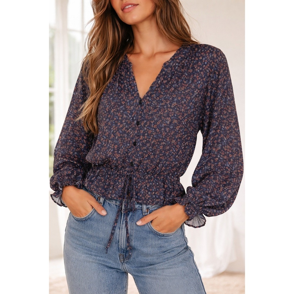 OUTERKNOWN Ditsy Floral‎ Poet Blouse Ladybug Indigo Mariquita NWT XS Recycled